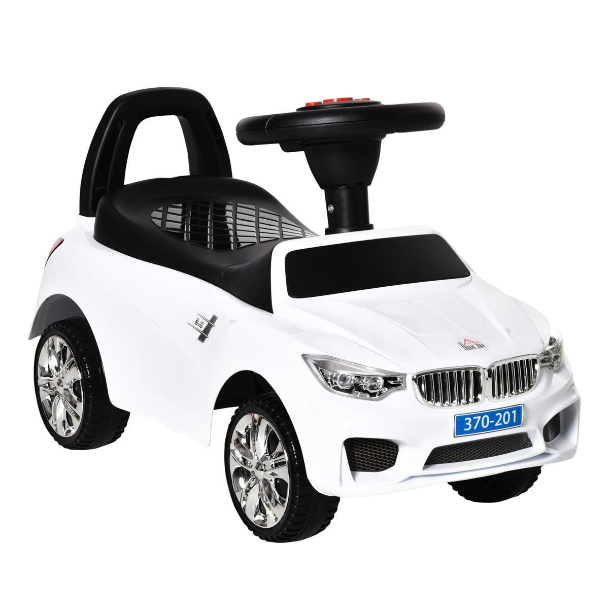 White homcom ride on car toddler slider with steering wheel high backrest and bmw style front grille