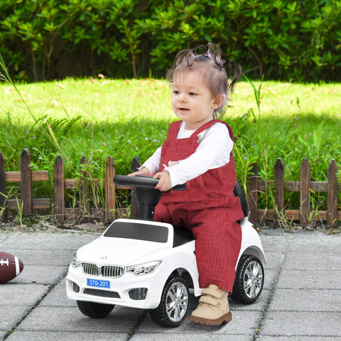 White plastic bmw toy car with steering wheel high backrest and under-seat storage for toddlers by HOMCOM