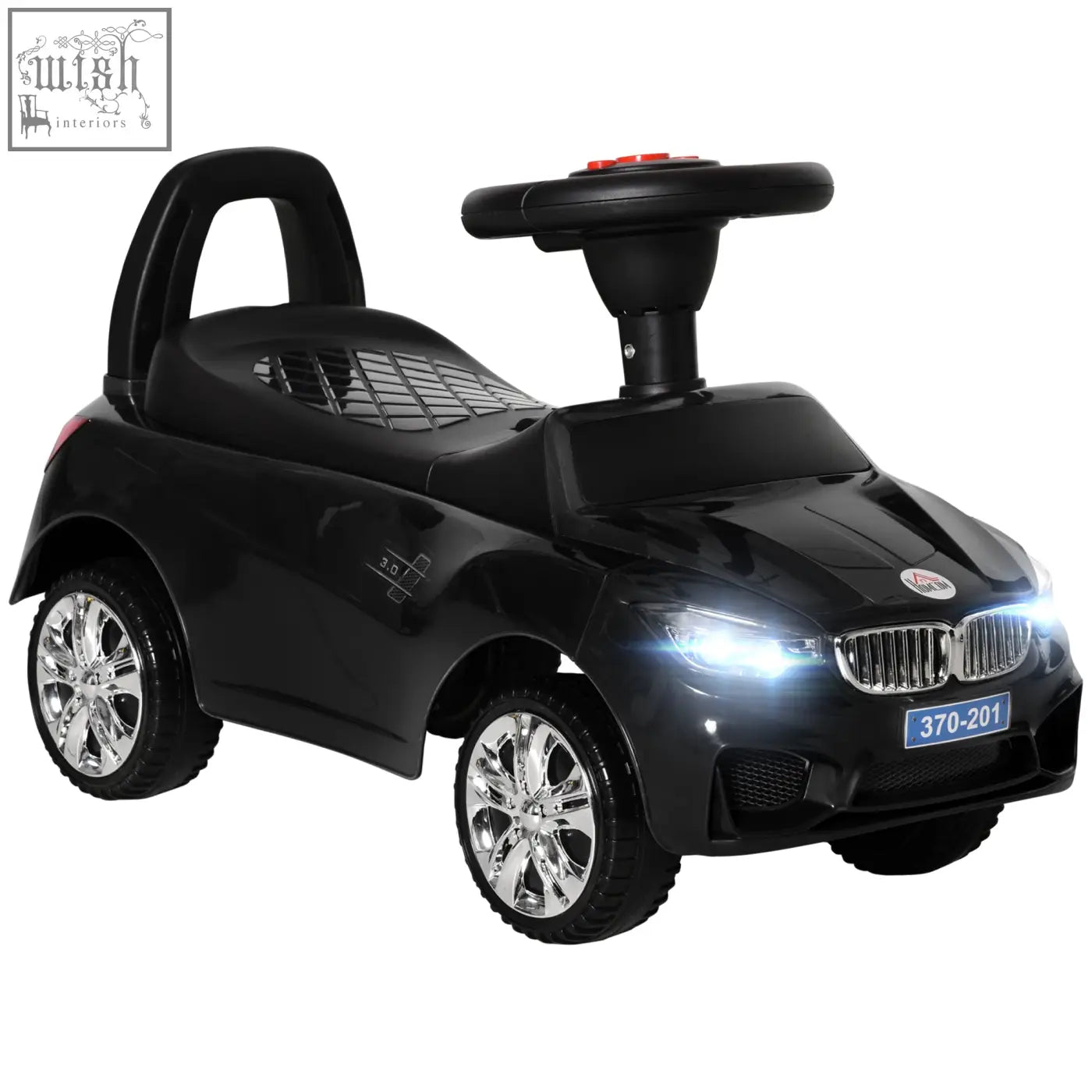 Black plastic homcom ride on car for toddlers with steering wheel, high backrest, chrome rims, and under-seat storage