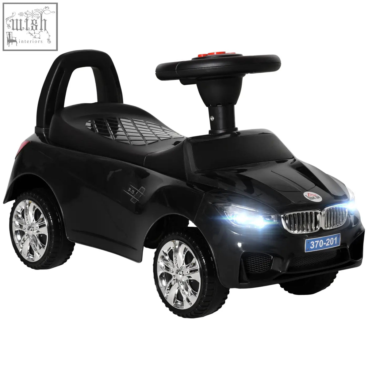 Black plastic homcom ride on car for toddlers with steering wheel, high backrest, chrome rims, and under-seat storage