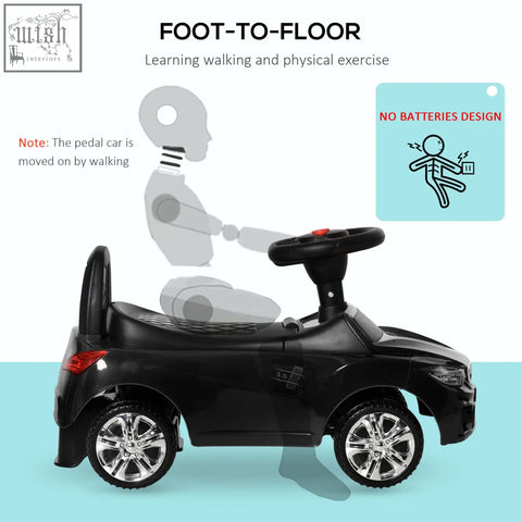 Black homcom ride on car baby toddler walker with steering wheel chrome wheels and under-seat storage