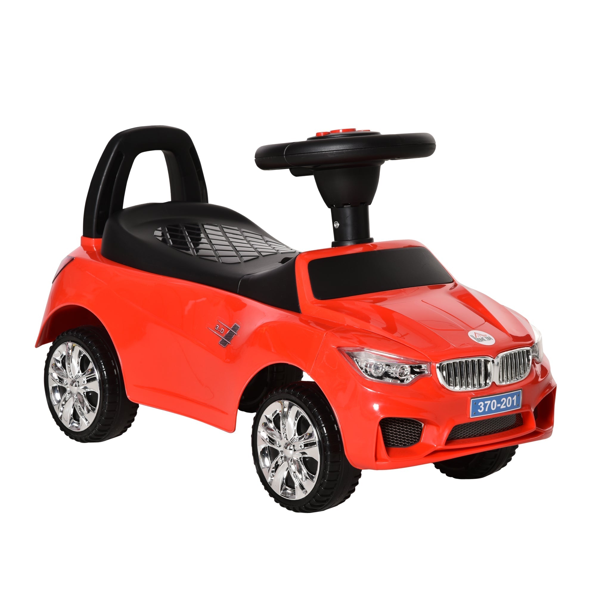 Red homcom ride on car toddler walker with steering wheel high backrest under-seat storage and chrome wheels