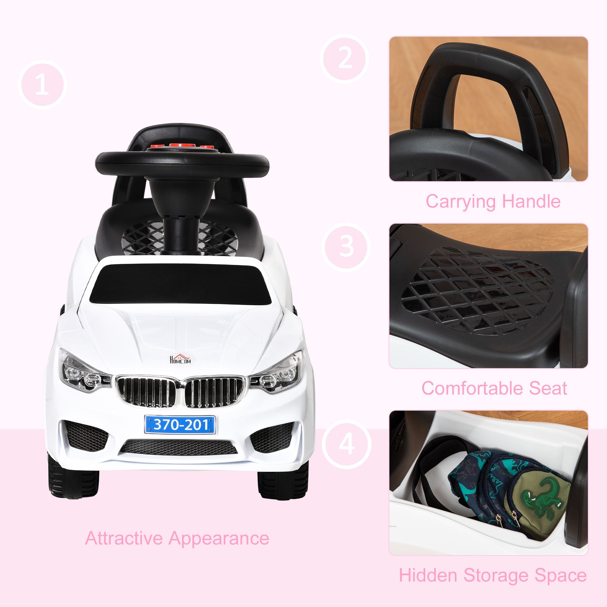 White plastic homcom ride on car for toddlers with black steering wheel high backrest and under-seat storage