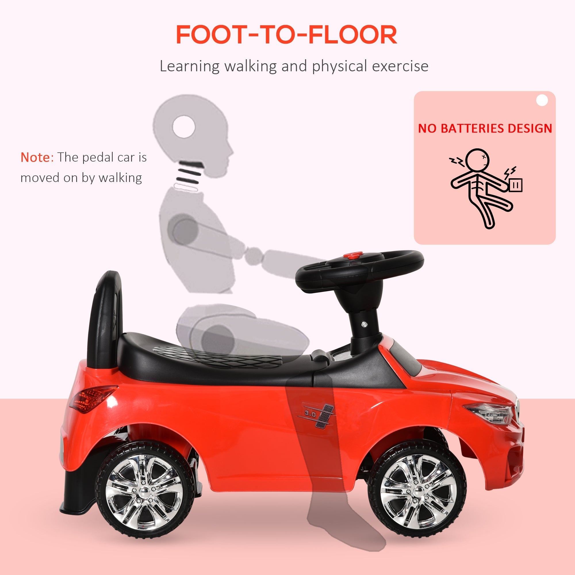 Red homcom ride on car with steering wheel black seat and chrome wheels featuring high backrest and under-seat storage