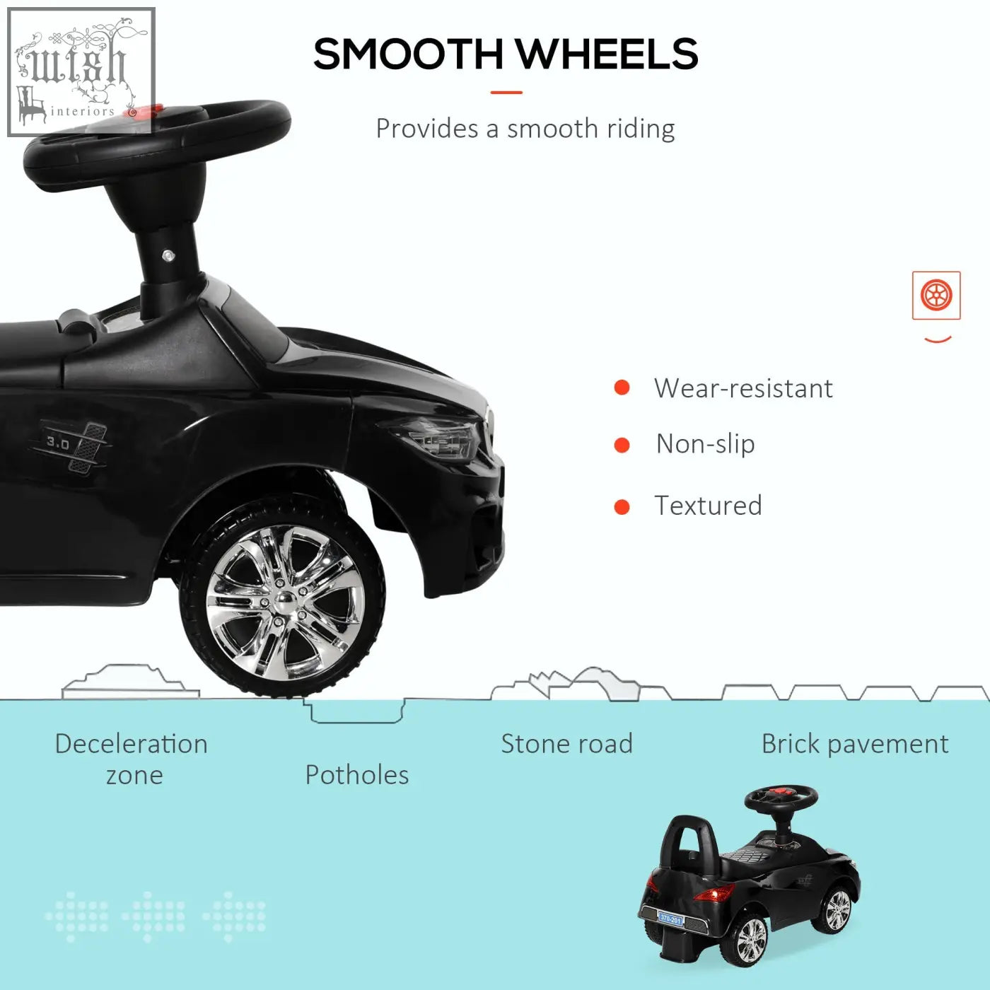 Black homcom ride on car toddler walker with steering wheel chrome wheels and under-seat storage for kids