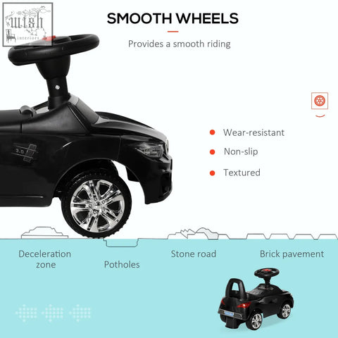 Black homcom ride on car toddler walker with steering wheel chrome wheels and under-seat storage for kids