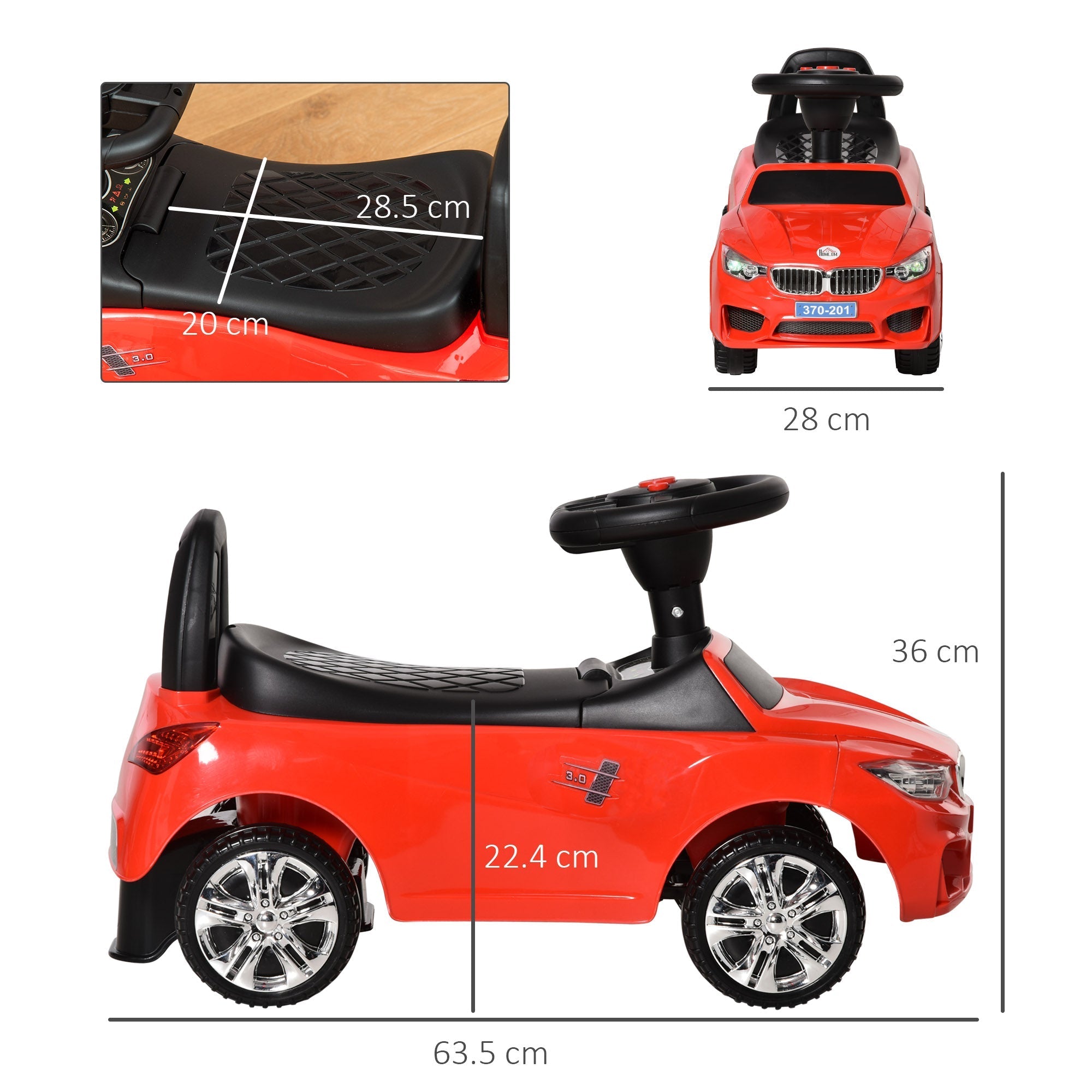 Red homcom ride on car with steering wheel, high backrest, and chrome wheels designed as a sliding car for toddlers
