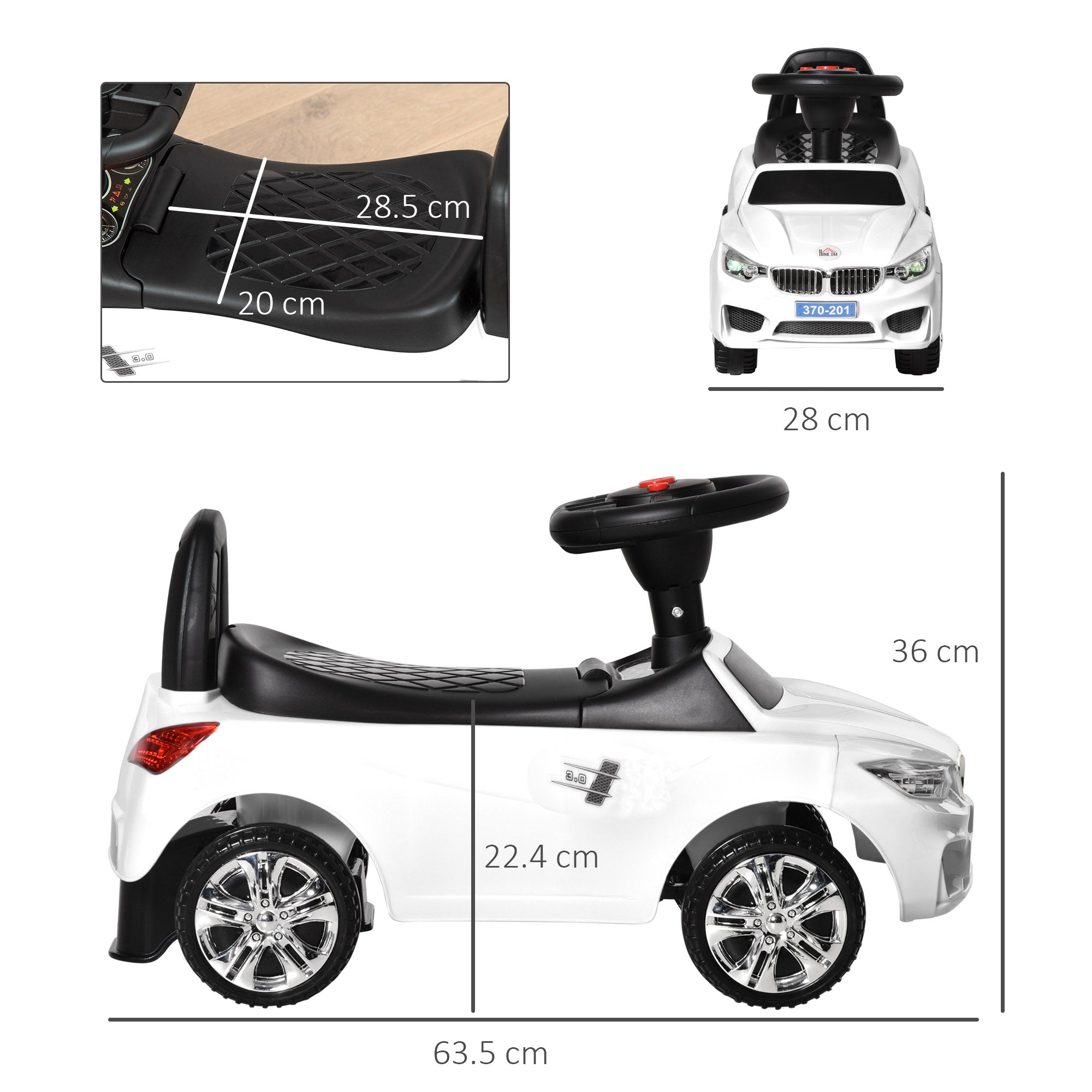 White and black homcom toddler ride on car with steering wheel high backrest chrome wheels and under seat storage