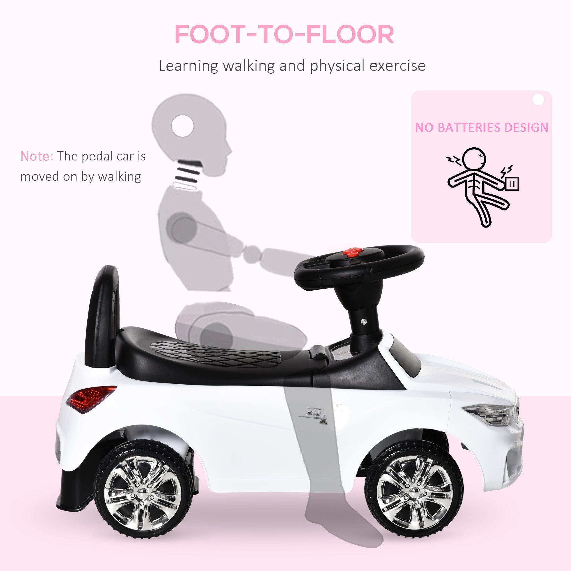 White and black HOMCOM ride on car toddler walker with steering wheel high backrest and chrome wheels sliding car