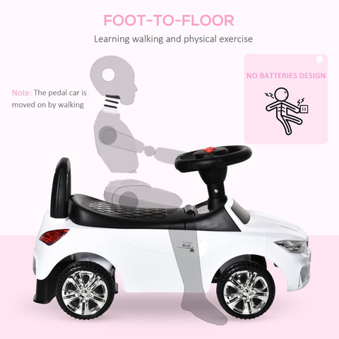 White and black HOMCOM ride on car toddler walker with steering wheel high backrest and chrome wheels sliding car