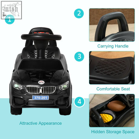 Black plastic homcom ride on car baby walker with bmw style grille steering wheel and under seat storage