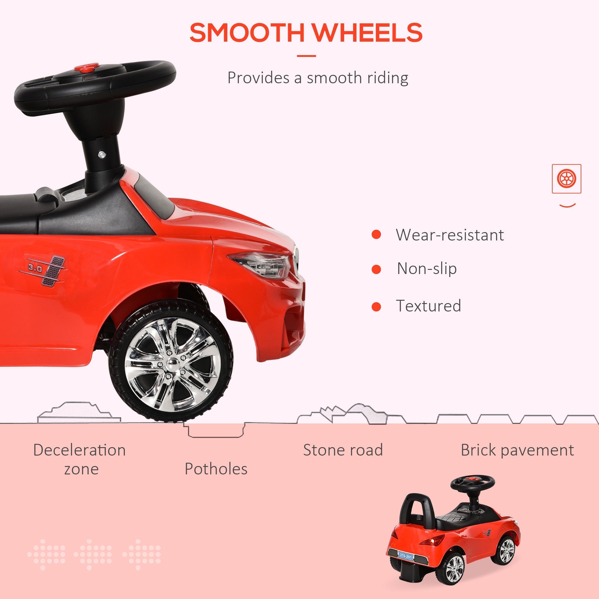 Red HOMCOM ride on car for toddlers with black steering wheel chrome rims high backrest and under-seat storage
