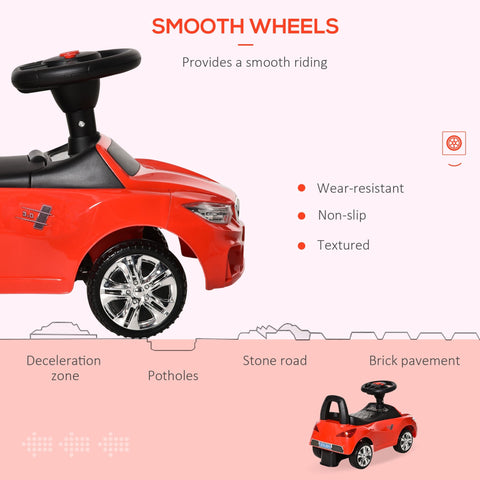 Red HOMCOM ride on car for toddlers with black steering wheel chrome rims high backrest and under-seat storage