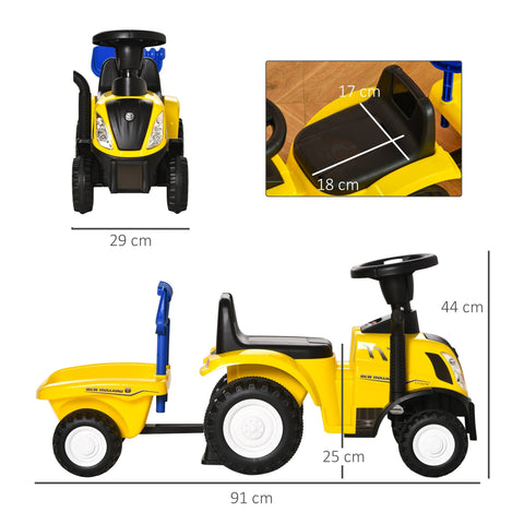 Yellow and black plastic HOMCOM ride on tractor toddler walker with blue cargo box and steering wheel for ages 1-3 years