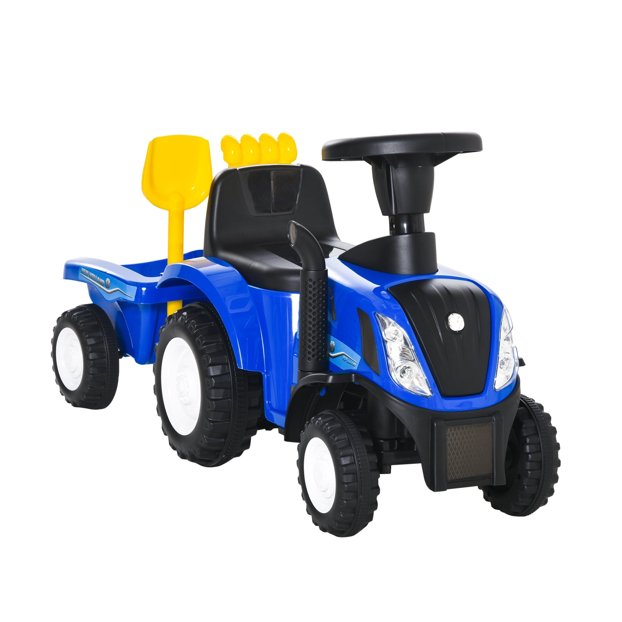 Blue and black plastic homcom ride on tractor for toddlers with steering wheel yellow shovel in cargo box trailer