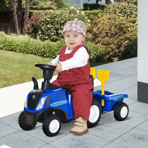 Blue homcom ride on tractor toddler walker with steering wheel and cargo box holding yellow pitchfork toy