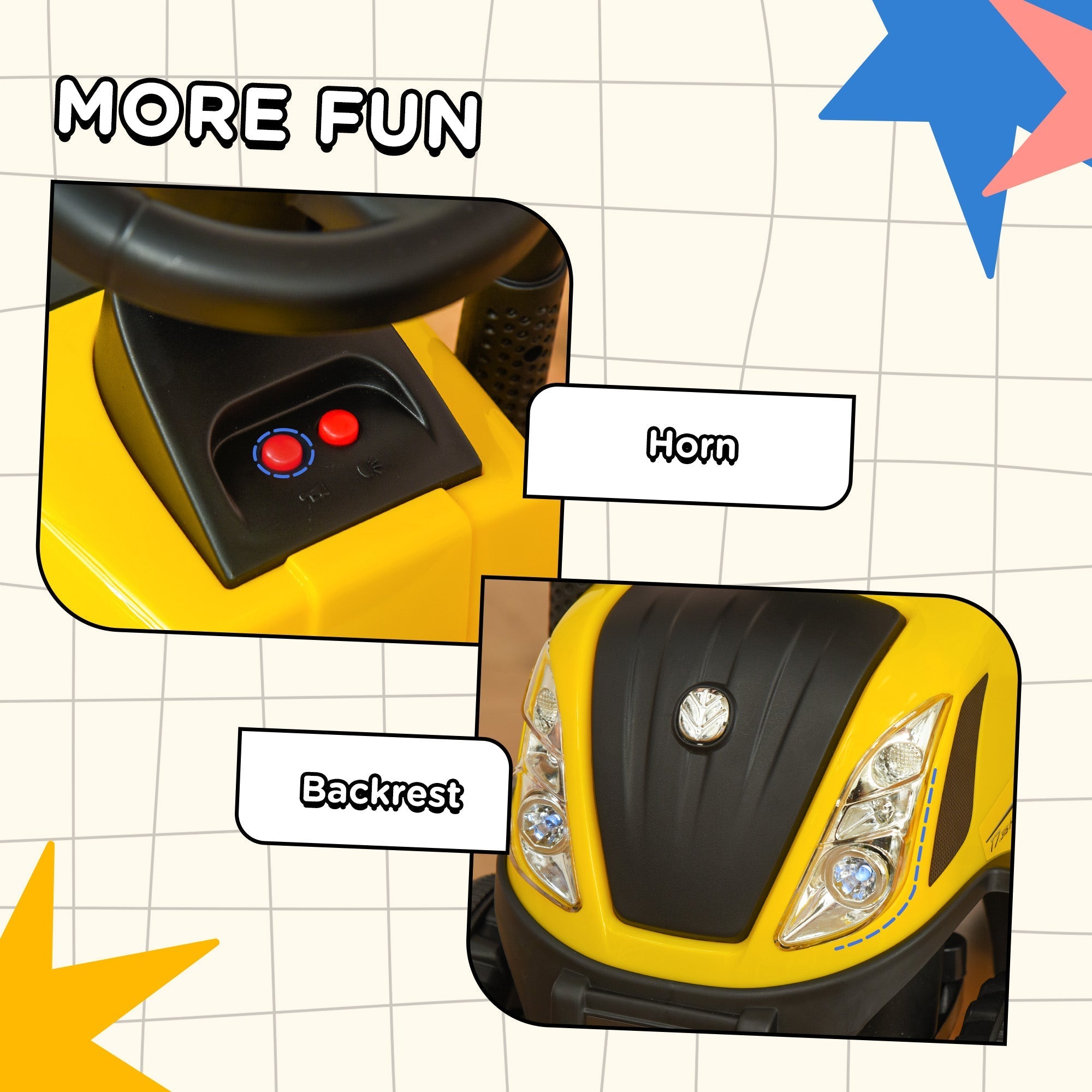 Yellow and black HOMCOM ride on tractor for toddlers with steering wheel horn headlights backrest and cargo box