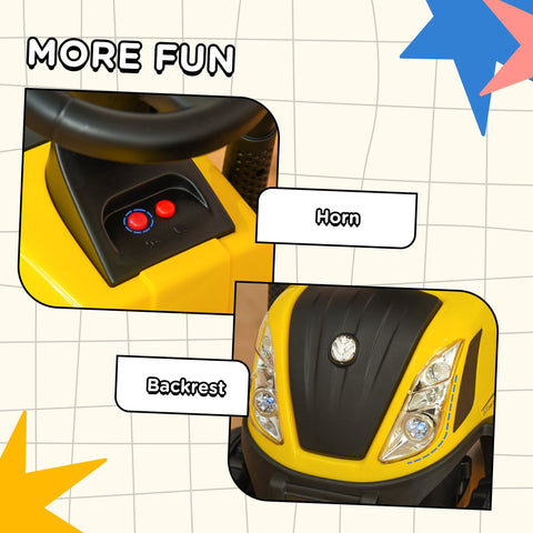 Yellow and black HOMCOM ride on tractor for toddlers with steering wheel horn headlights backrest and cargo box
