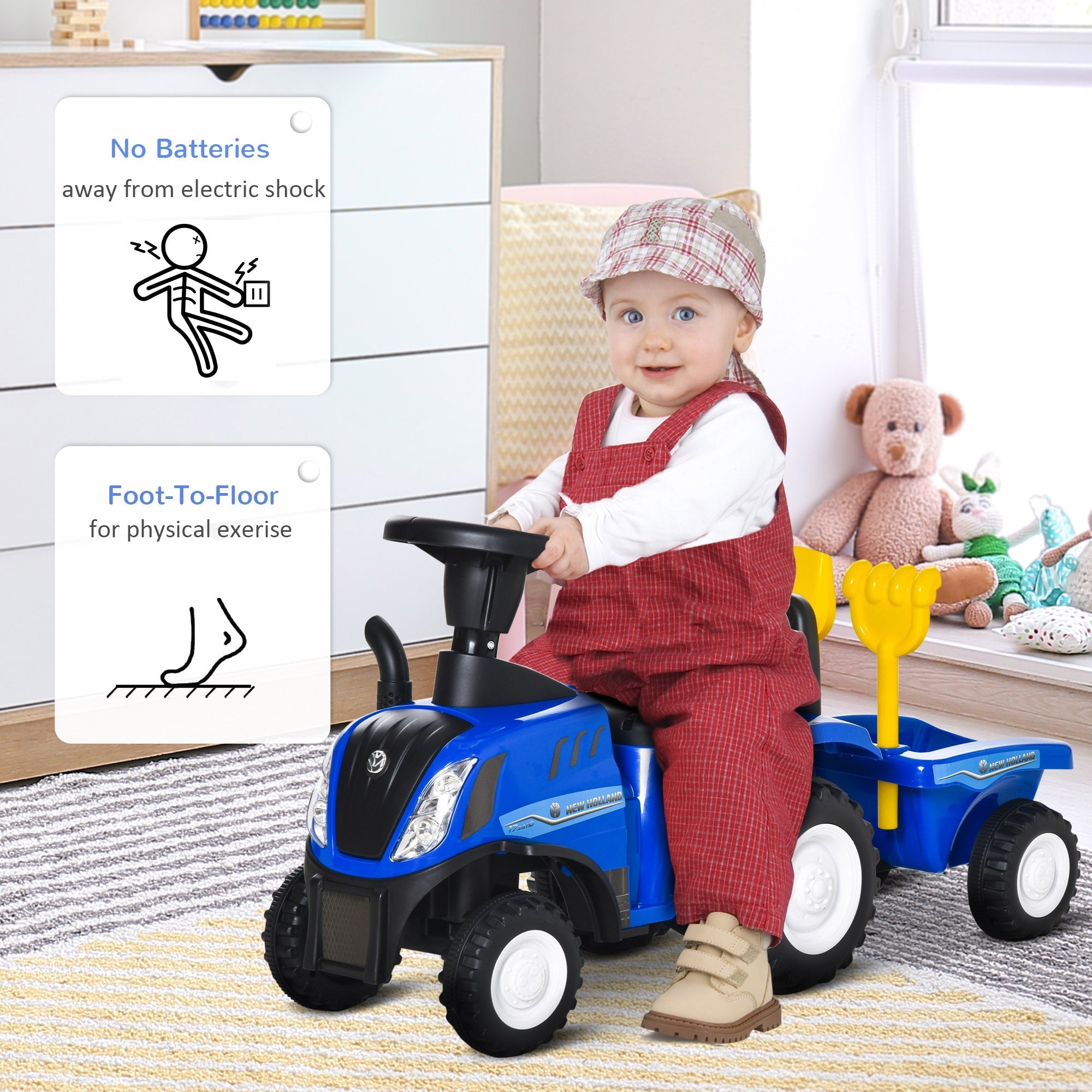 Blue plastic homcom ride on tractor toddler walker with steering wheel yellow shovel and cargo box for 1-3 years old