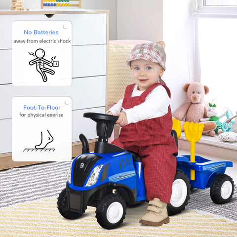 Blue plastic homcom ride on tractor toddler walker with steering wheel yellow shovel and cargo box for 1-3 years old