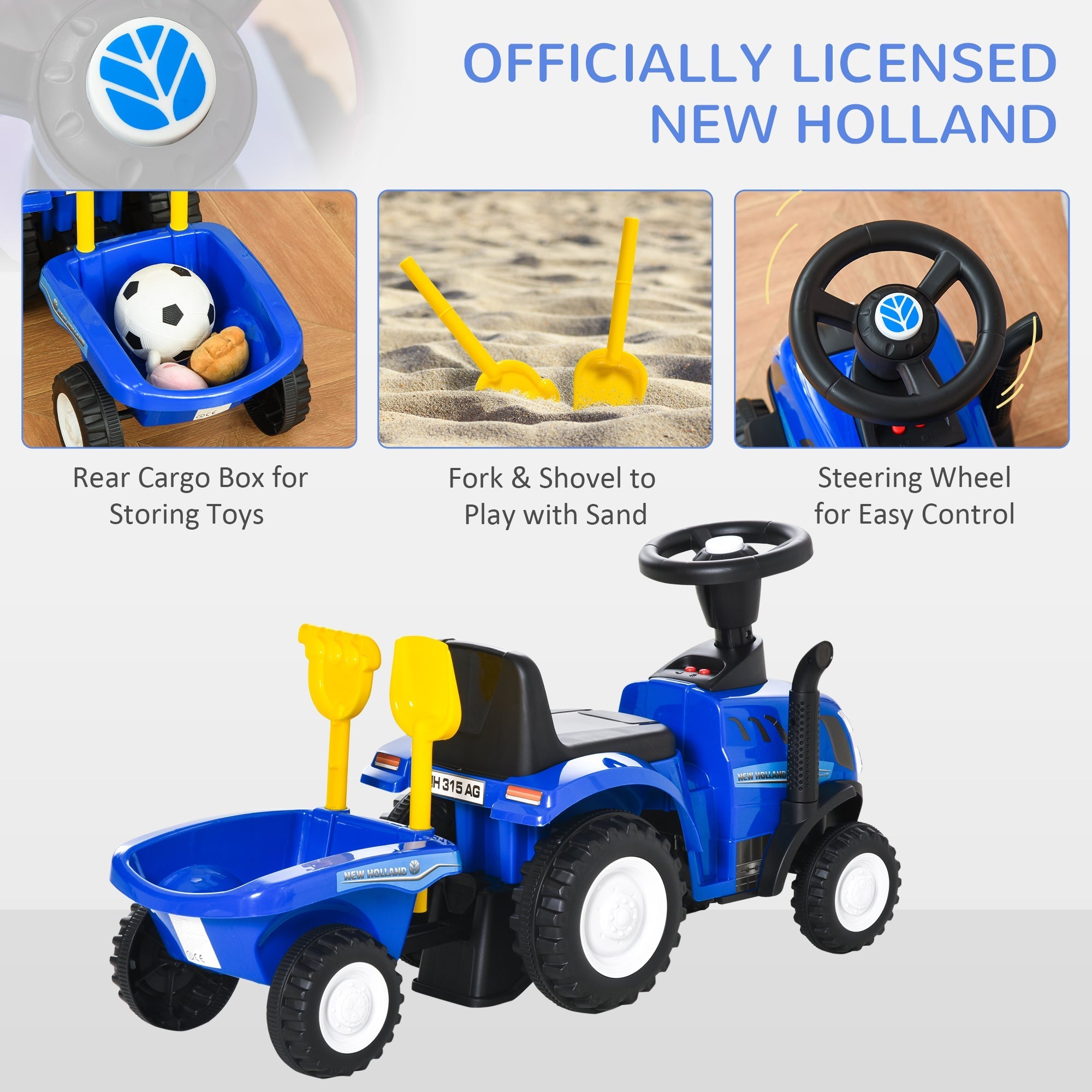 Blue plastic homcom ride on tractor with steering wheel and rear cargo box for toddlers 1 to 3 years old