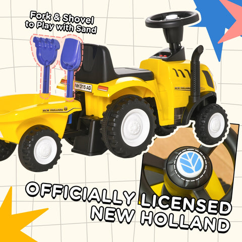 Yellow plastic homcom ride on tractor toddler walker with steering wheel and cargo box for 1 to 3 years old