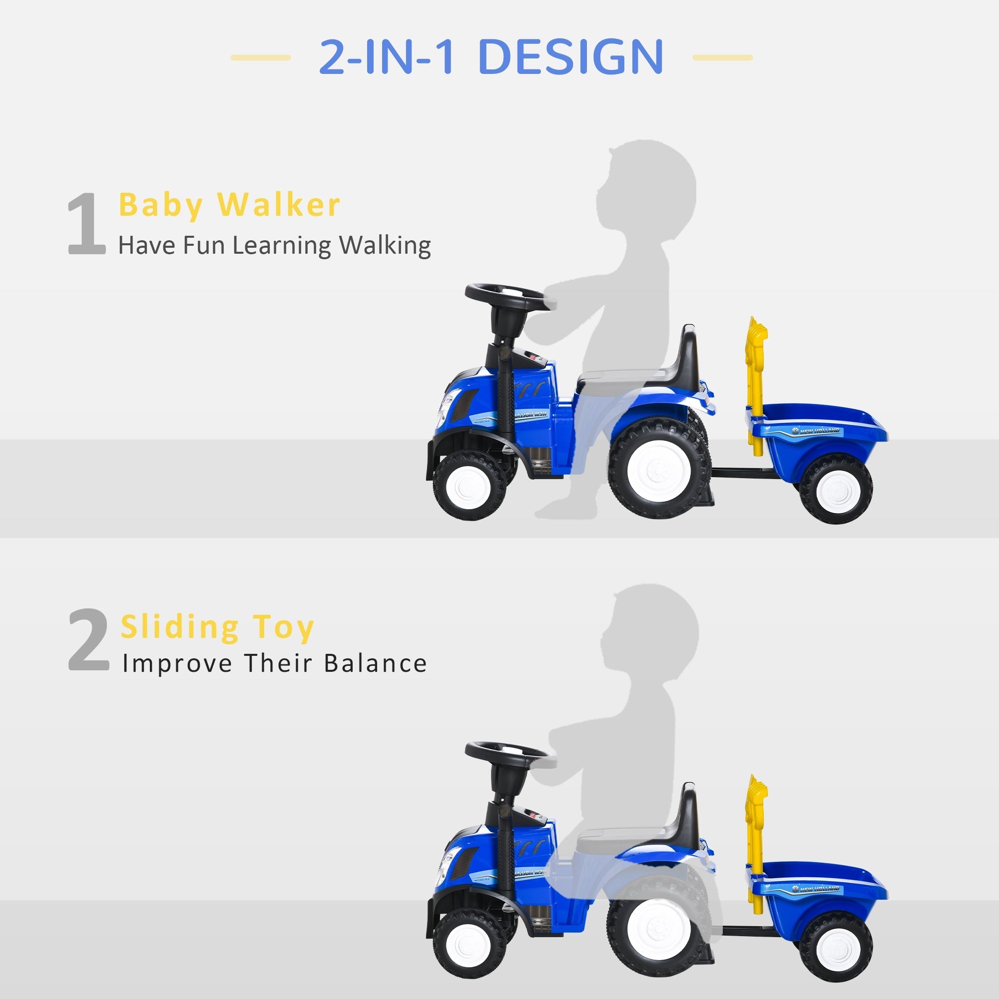 Blue plastic homcom ride on tractor toddler walker with steering wheel and yellow cargo box trailer for ages 1 to 3 years