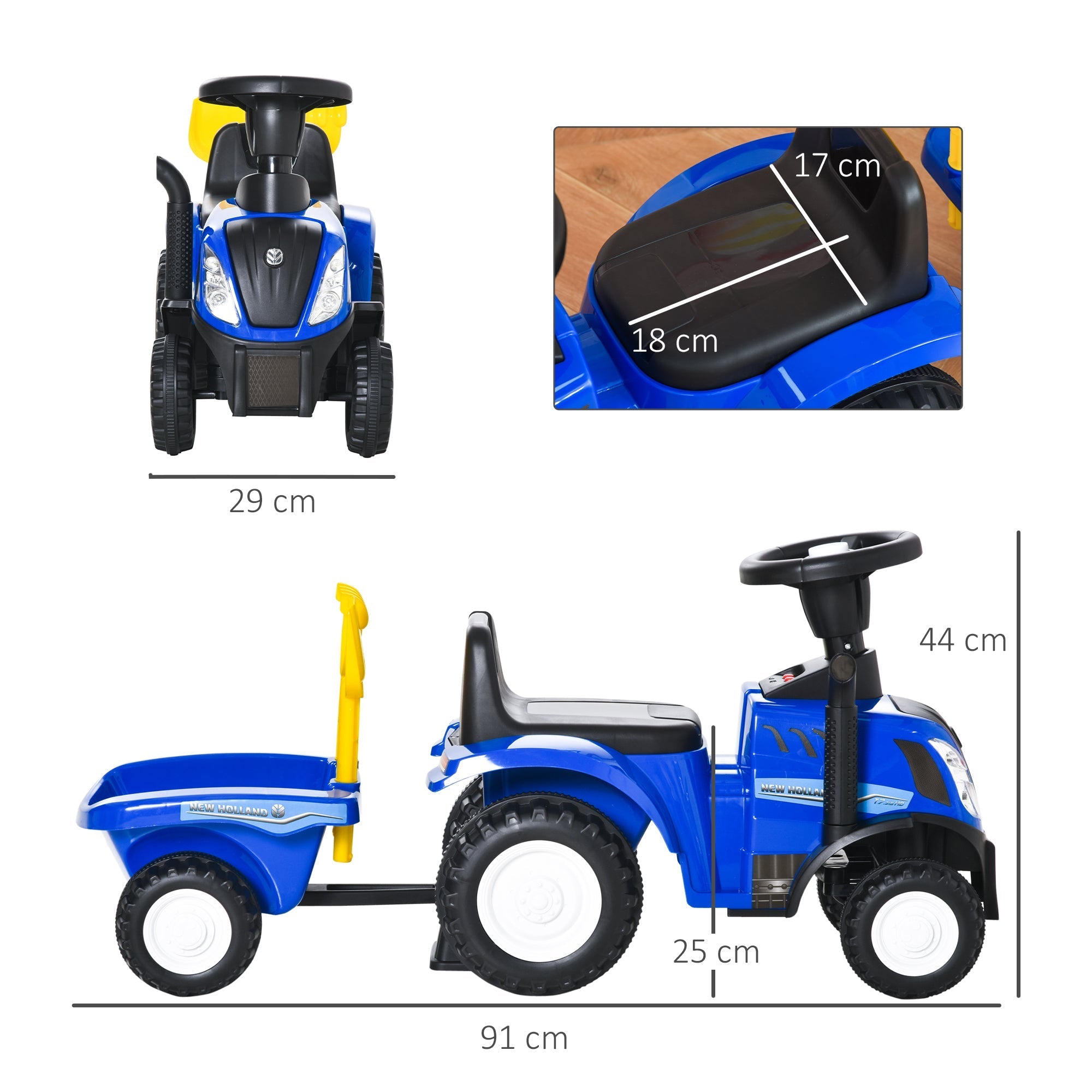 Blue and black plastic toy tractor with steering wheel and yellow cargo box trailer for toddlers aged 1 to 3 years