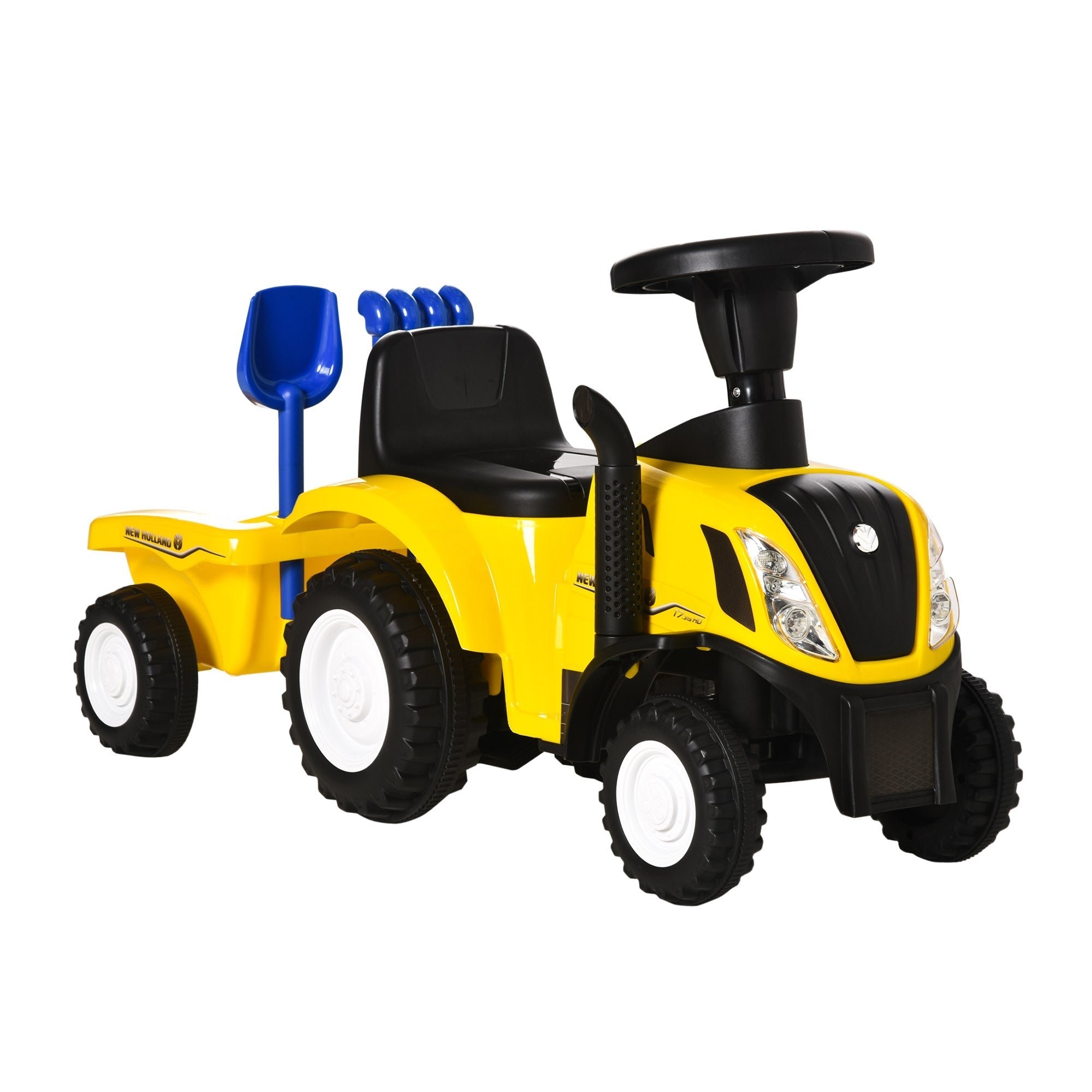 Yellow and black plastic kids ride on tractor with steering wheel and blue shovel in cargo box for toddlers 1-3 years old