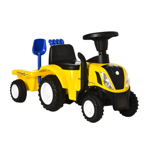 Yellow and black plastic kids ride on tractor with steering wheel and blue shovel in cargo box for toddlers 1-3 years old