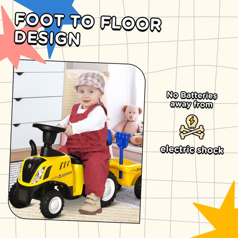 Yellow and black homcom ride on tractor toddler walker with steering wheel cargo box and blue shovel attachment