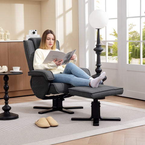 Dark gray upholstered recliner chair with matching ottoman featuring 360° swivel feature and black metal base