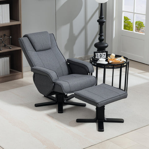 Gray upholstered recliner chair with matching ottoman featuring 360° swivel feature and sleek black metal bases