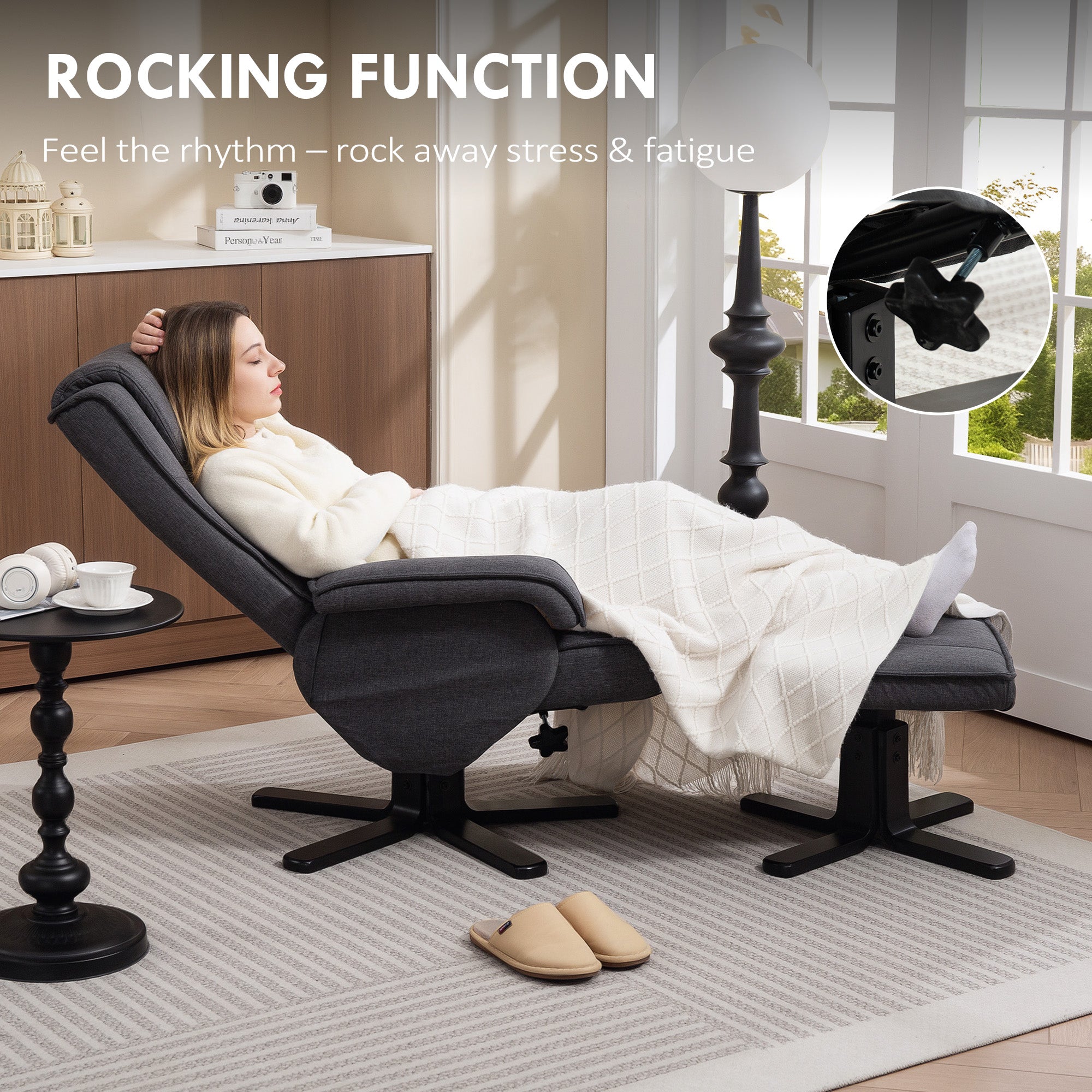 Charcoal grey linen recliner chair with rocking and 360° swivel feature paired with matching ottoman from homcom