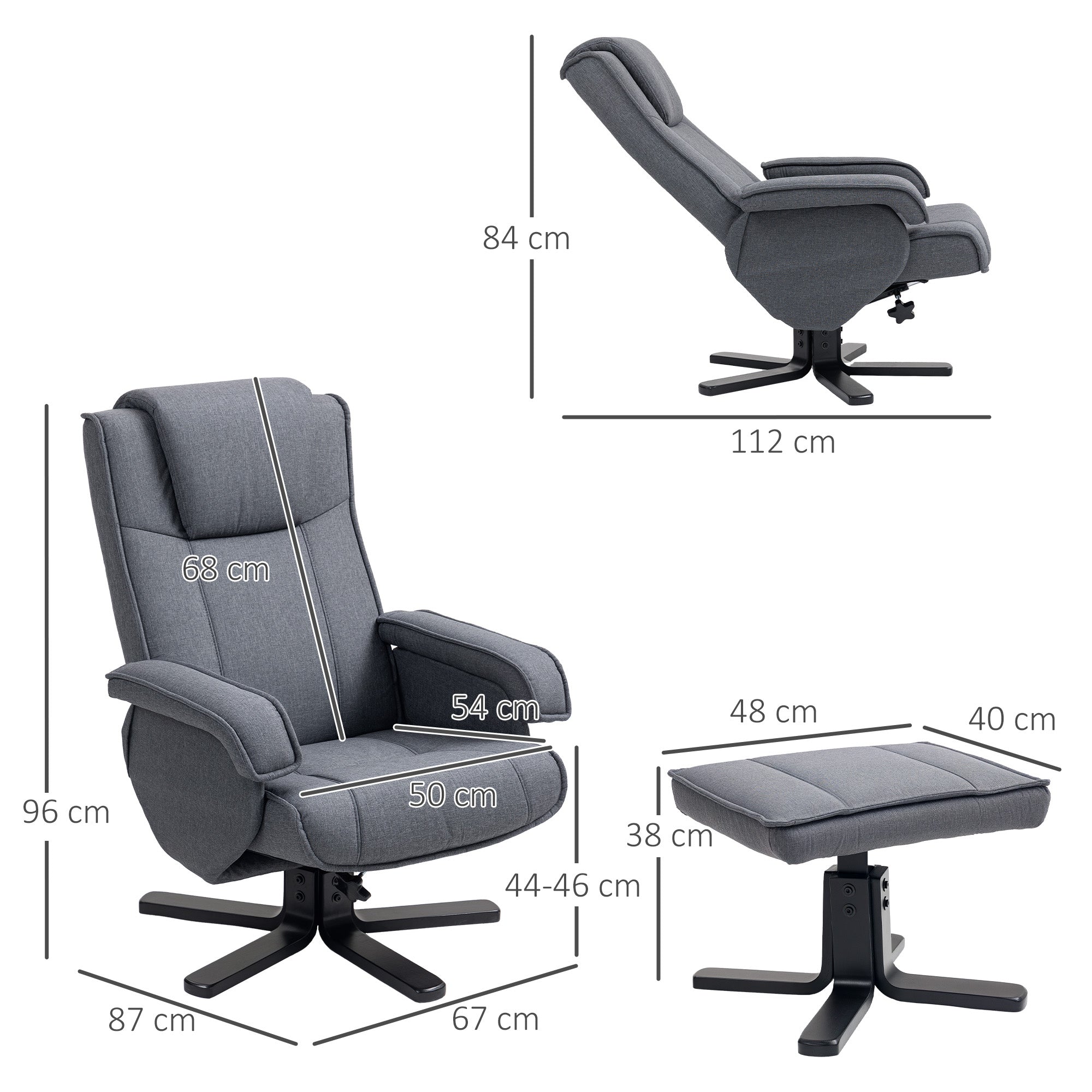 Charcoal grey linen recliner chair with matching ottoman featuring black metal cross-base legs and 360° swivel feature