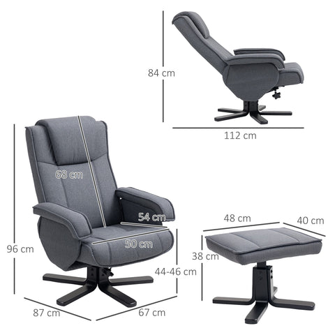 Charcoal grey linen recliner chair with matching ottoman featuring black metal cross-base legs and 360° swivel feature