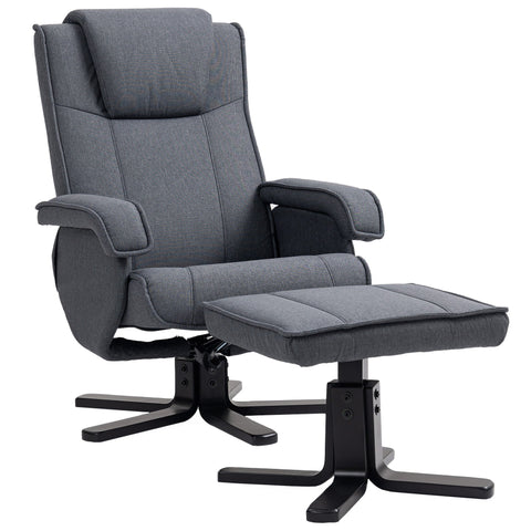 Gray upholstered homcom recliner chair with 360° swivel feature and matching ottoman in charcoal linen fabric