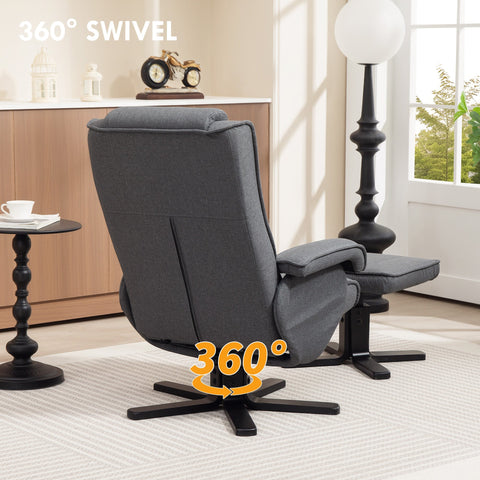 Charcoal grey linen recliner chair with 360° swivel feature and black metal base by homcom