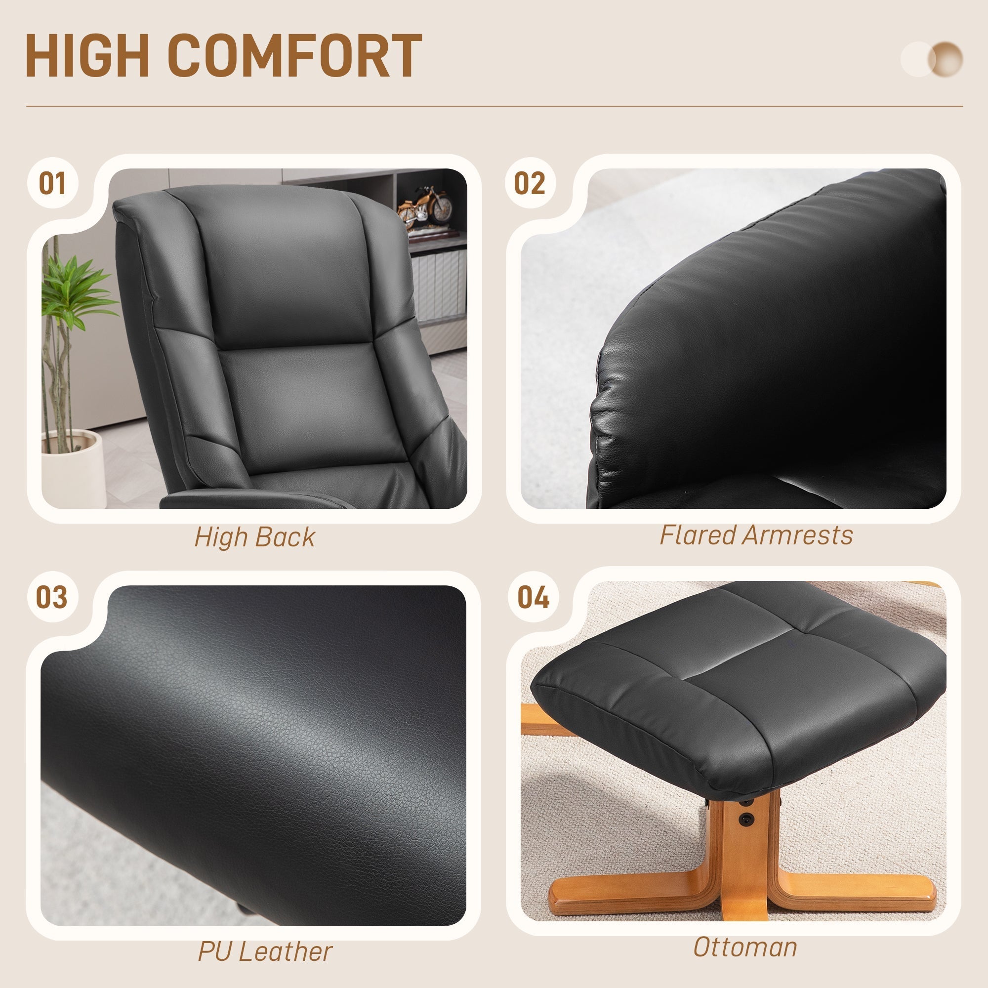 Black pu leather recliner chair with gentle rocking motion and matching ottoman on wooden legs easy to clean