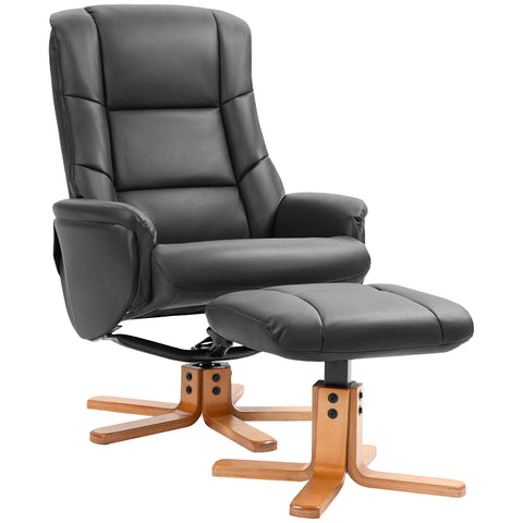 Black recliner chair with matching ottoman in easy-to-clean pu leather and wooden legs featuring gentle rocking motion