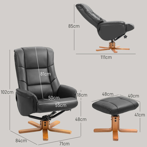 Black leather recliner chair with wooden star-shaped base featuring gentle rocking motion and easy-to-clean pu leather