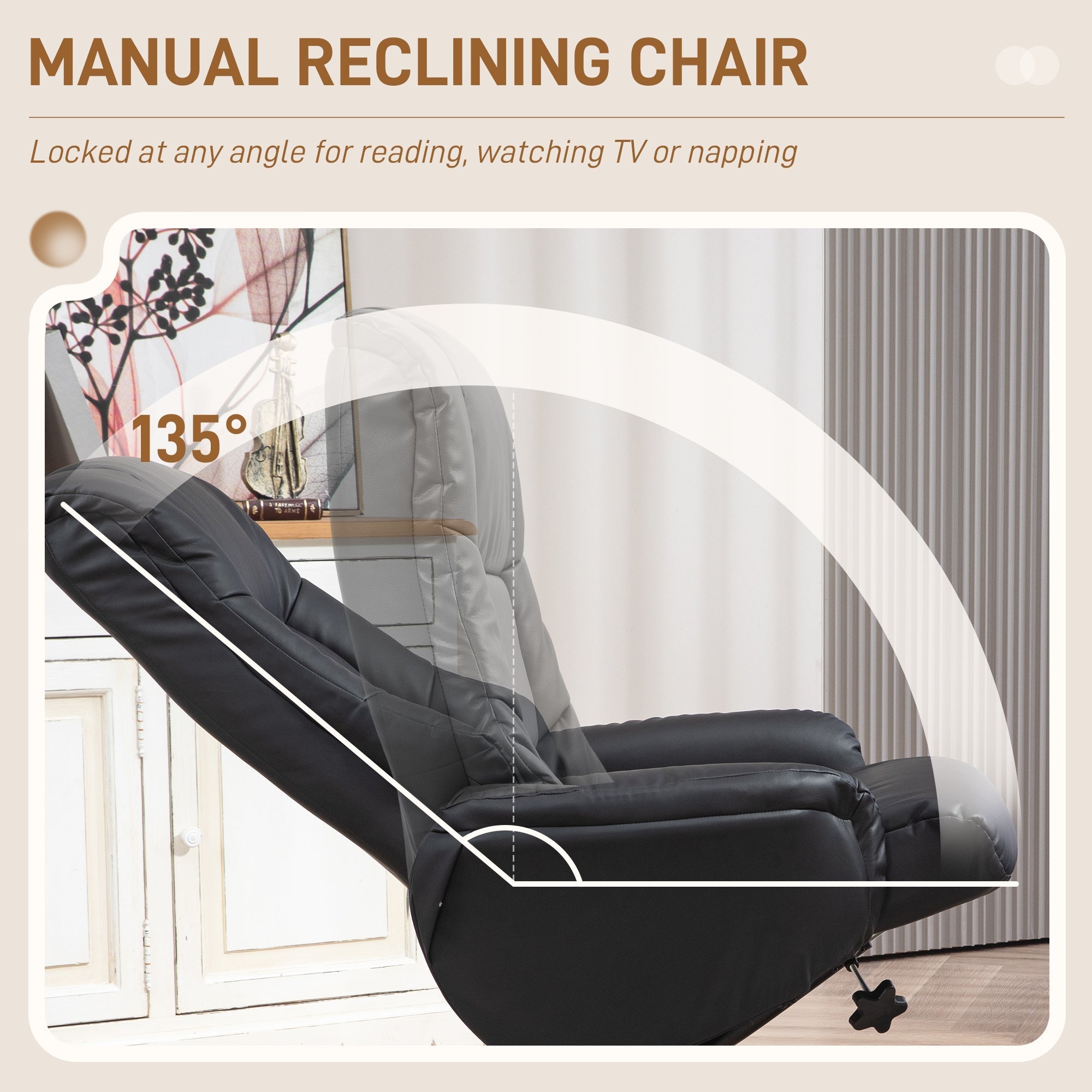 Black HOMCOM recliner chair with easy-to-clean PU leather, gentle rocking motion, and adjustable reclining for comfort