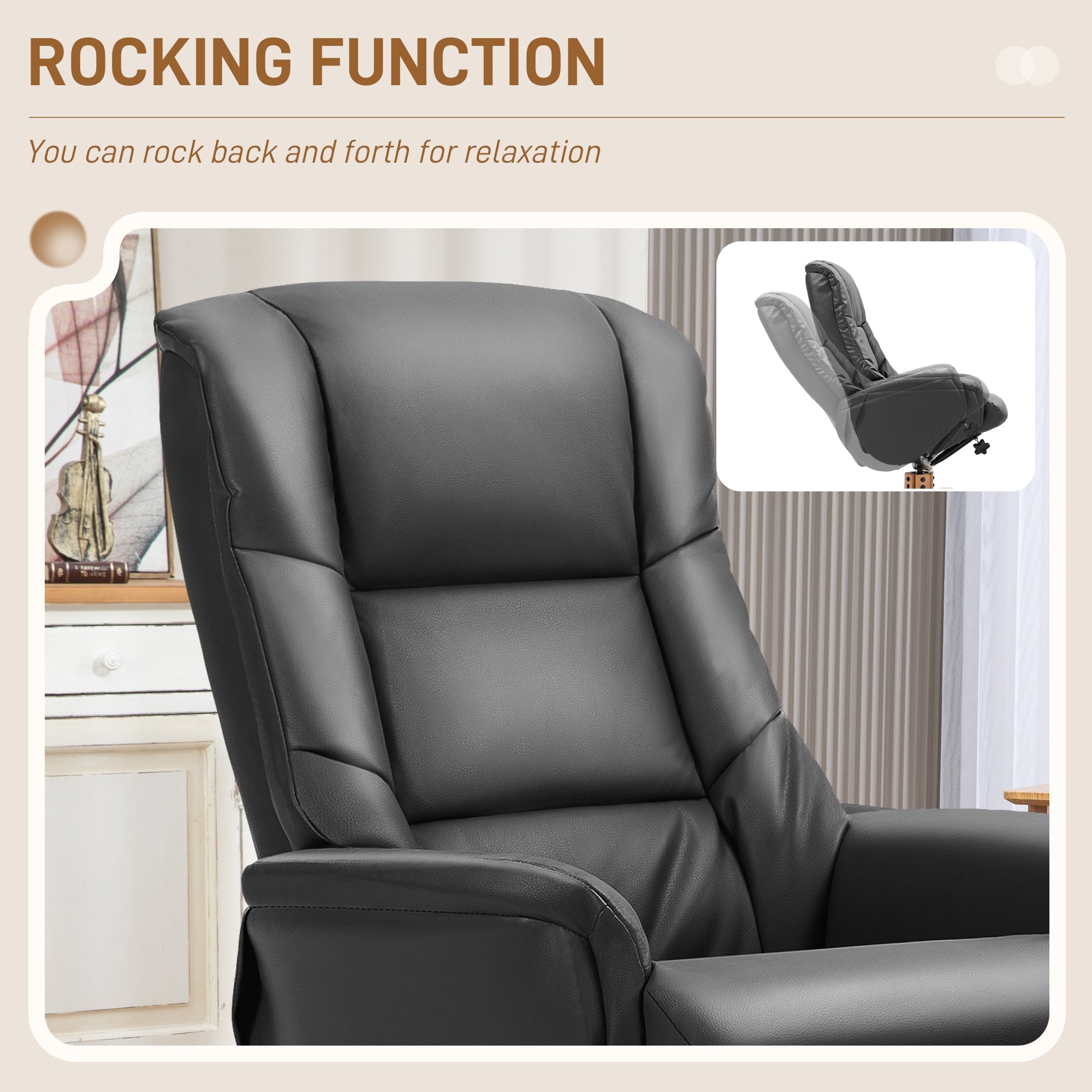 Black leather recliner chair with gentle rocking motion and easy-to-clean pu leather for living room comfort