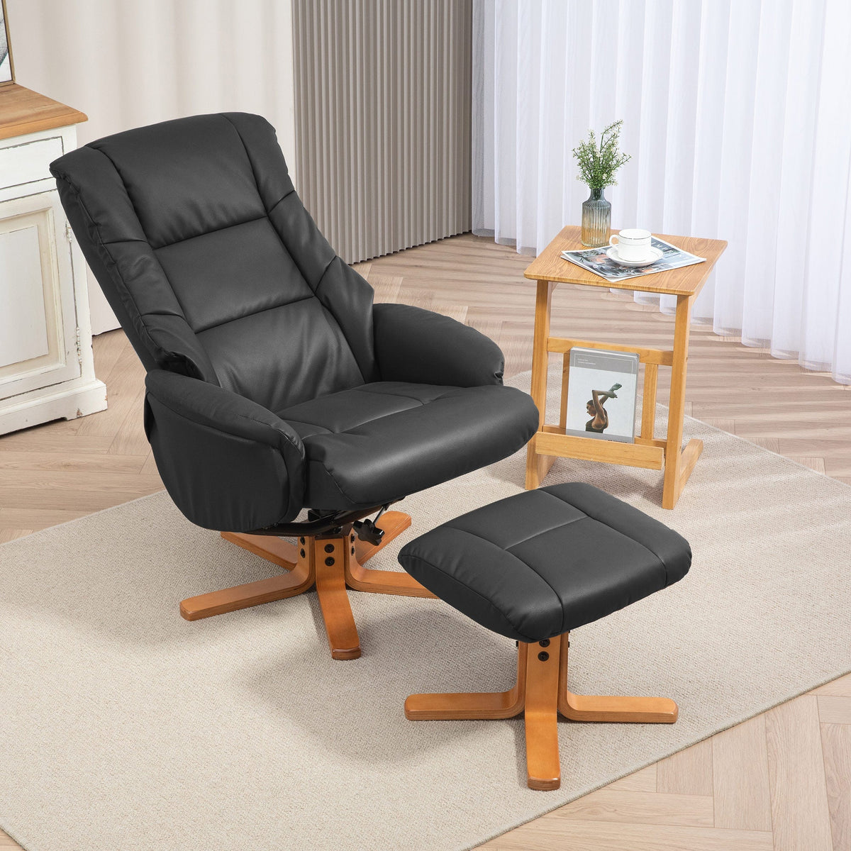 Black leather recliner chair with gentle rocking motion and easy-to-clean pu leather plus matching ottoman with wood base