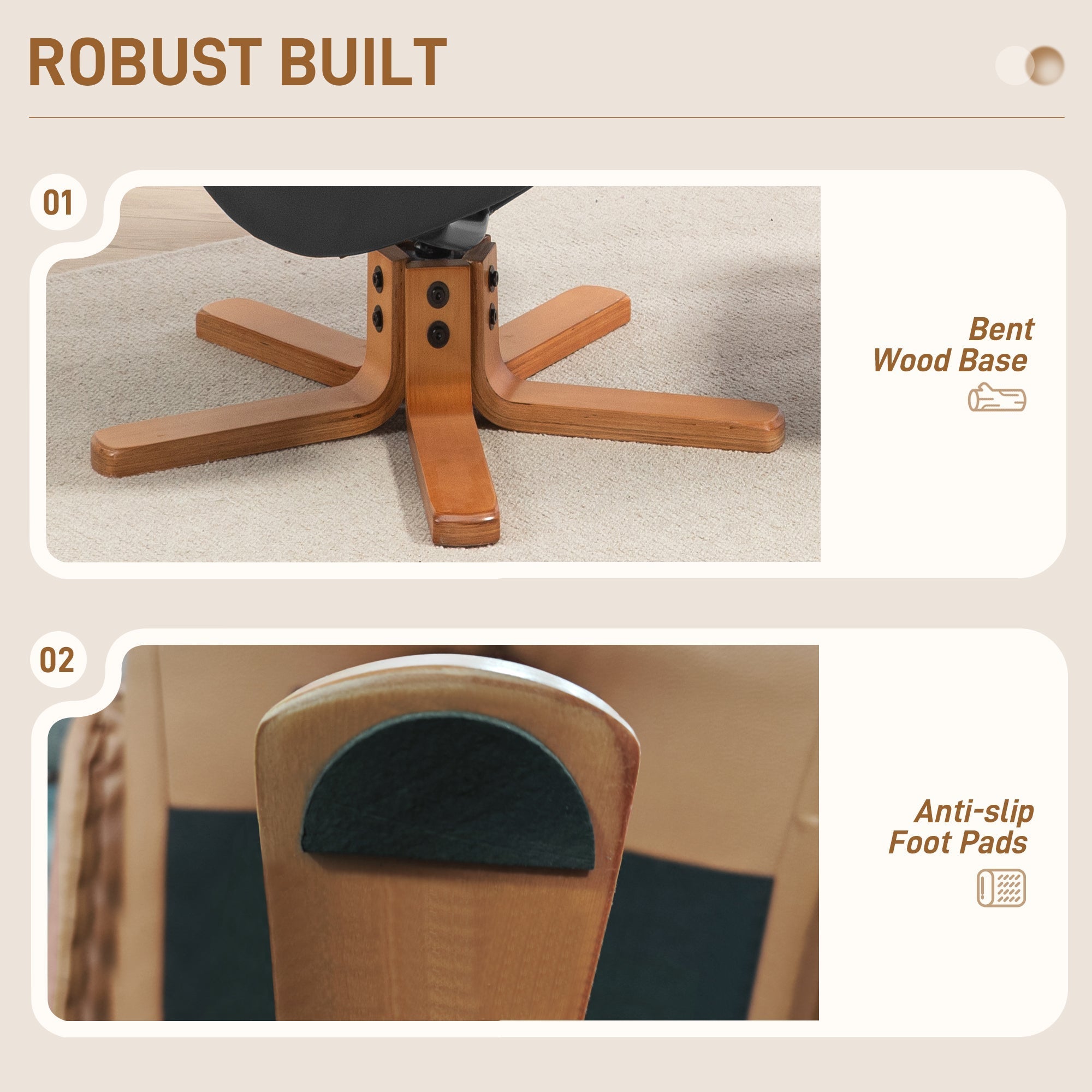 Bent wood base with warm natural finish and sturdy star shape on black homcom recliner chair with easy-clean pu leather