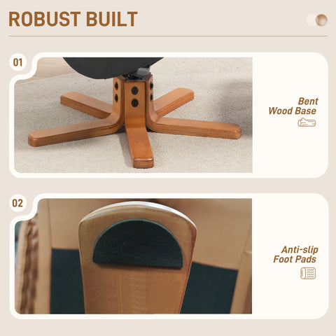 Bent wood base with warm natural finish and sturdy star shape on black homcom recliner chair with easy-clean pu leather