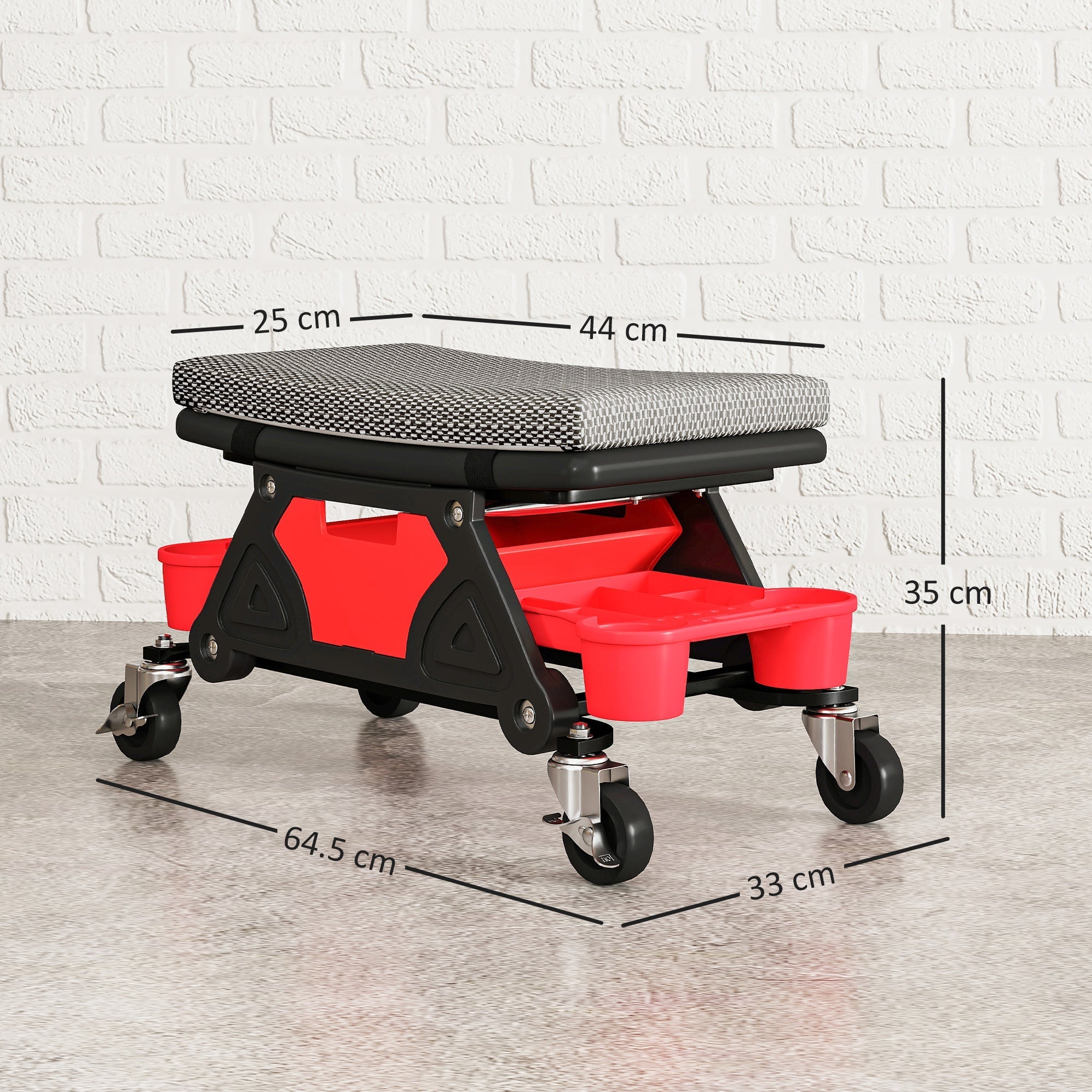 Red and black homcom rolling mechanic stool with gray cushion rubber casters and two storage trays for garage use