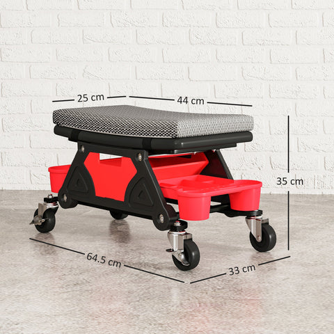 Red and black homcom rolling mechanic stool with gray cushion rubber casters and two storage trays for garage use