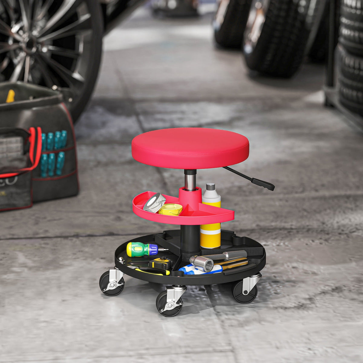Red and black HOMCOM rolling mechanic workshop stool with padded seat, two tool trays, casters, and pneumatic height adjustment