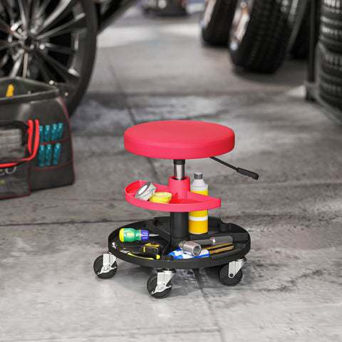 Red and black HOMCOM rolling mechanic workshop stool with padded seat, two tool trays, casters, and pneumatic height adjustment